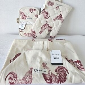 Sur La Table Cream and Red Rooster Kitchen Linens Set